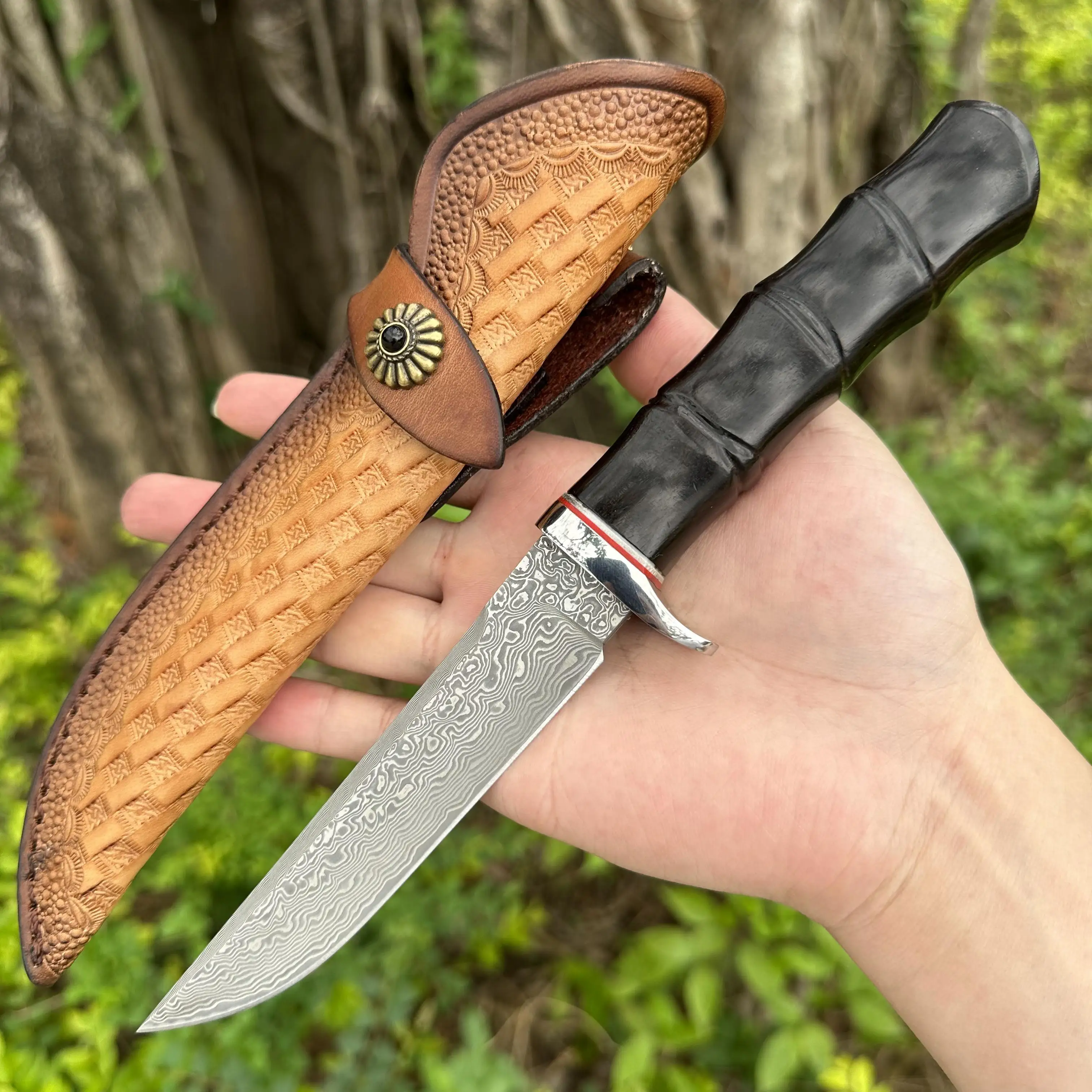 

Topwell Handmade Damascus VG10 Steel Bowie Knife Sandalwood Handle Premium Leather Sheath,Outdoor,Hunting,Bushcraft Camping