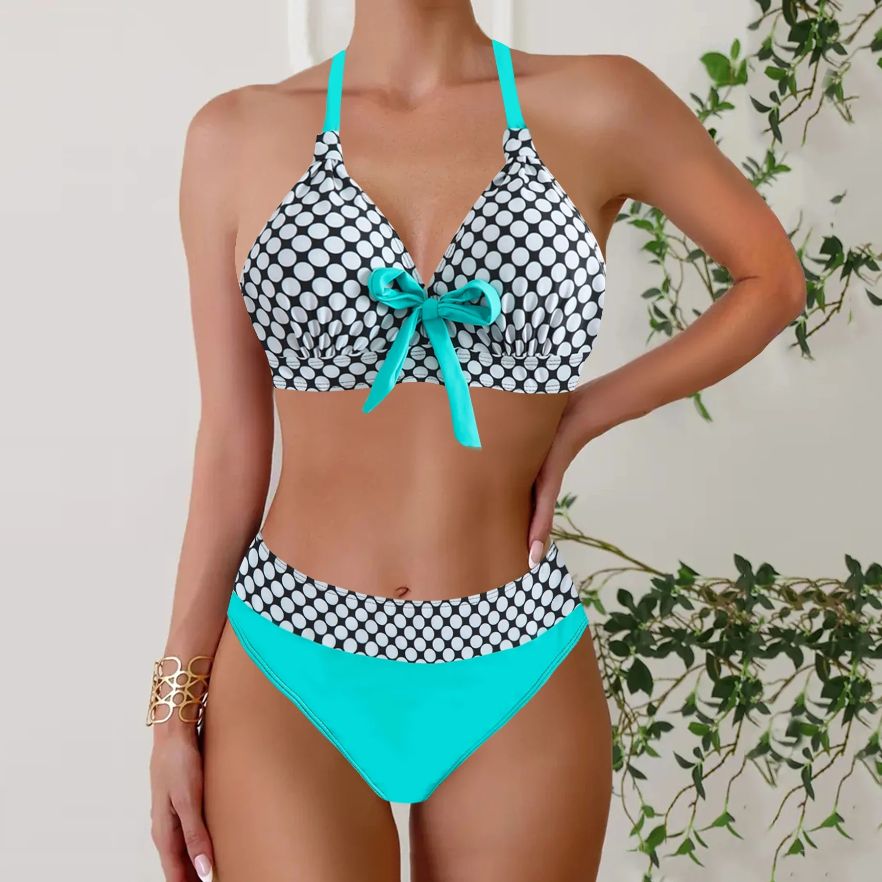 Women's Summer Vacation Tankini Set - High Stretch Crew Neck Swimsuit with Random Print, Knit Fabric 2 Piece Tropical Bikini