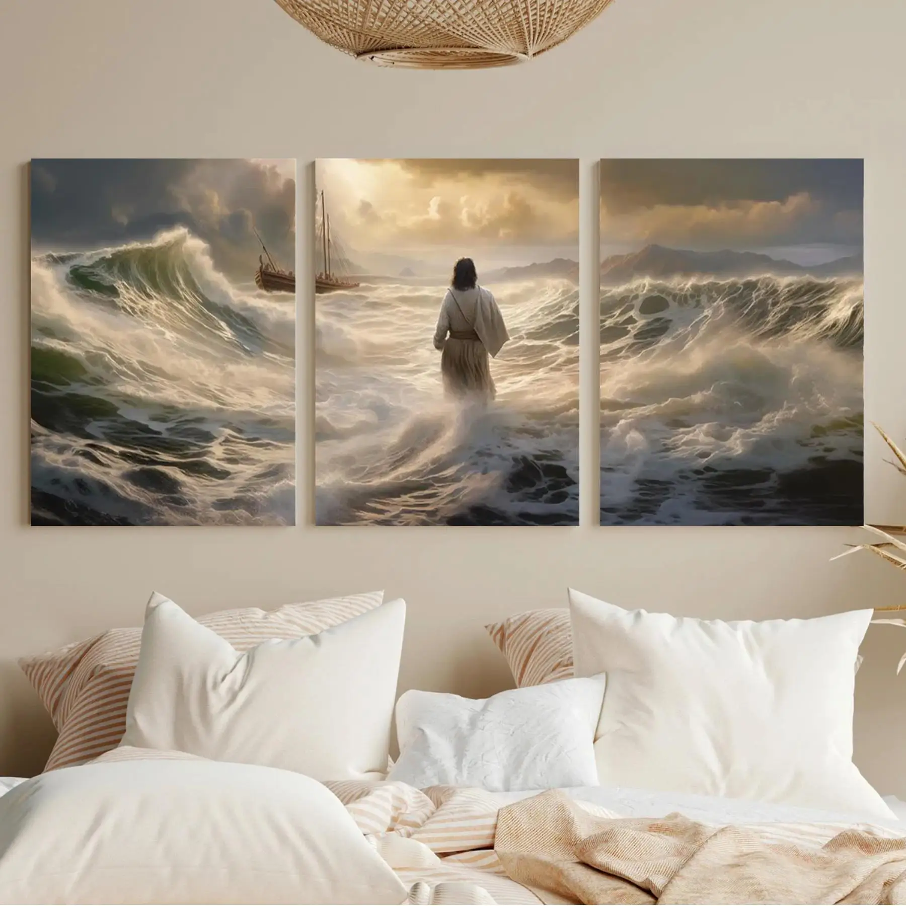 Frameless , Set Of 3, Inspirational Canvas Prints- Extra Large Walking On Water Art, Ready To Hang Christian Wall Decor, Reus