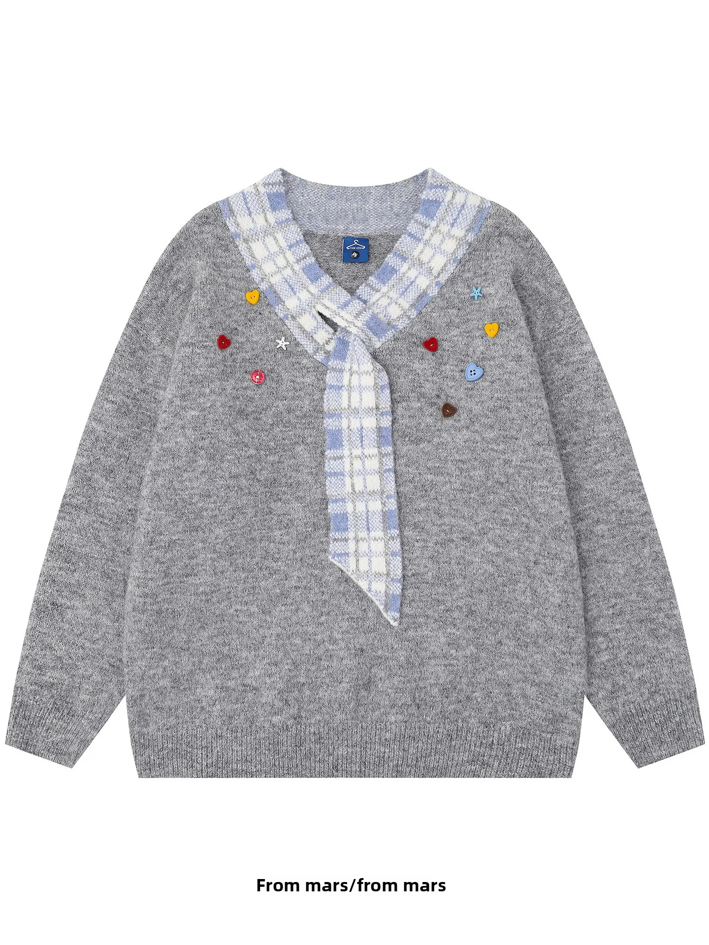 

Повседневный вязаный свитер в клетку с узлом, свободного кроя, для пар, осенний, в университетском стиле, теплый, с V-образным вырезом, с длинными рукавами, мужской и женский топ