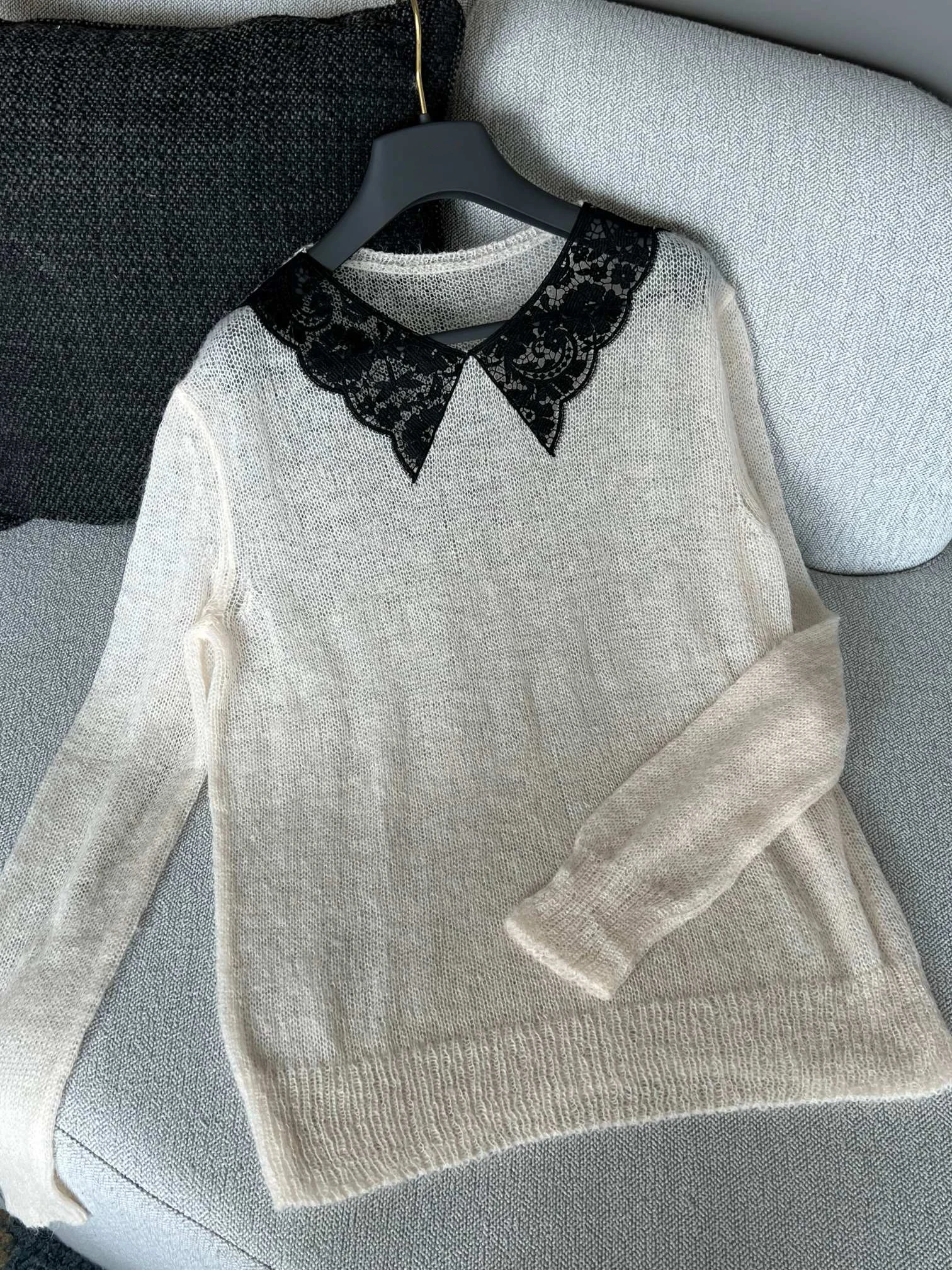 EVACANDIS Alpaca lana Cachemira seda manga larga cuello redondo mujeres nuevo encaje tejido Tops sólido Hit Color Chic Casual elegante lujo