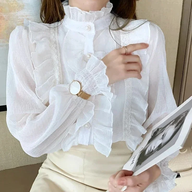 Fashion Vintage Ruffles Chiffon Long Sleeve Autumn Women Shirts 2024 Office Lady Elegant Casual Loose White Blouses Lace Tops