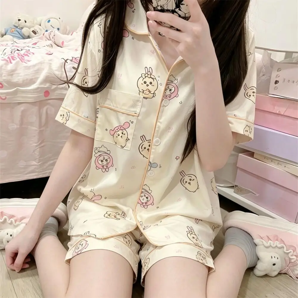 Cartoon Usagi Hachiware Girls Homewear Summer Cotton Pajamas Suit Anime Chiikawa Women Short Sleeved Shorts Kawaii Nightwear