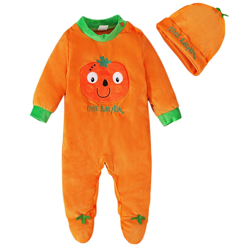 

2Piece Spring Fall Newborn Girls Clothes Halloween Cute Pumpkin Fleece Boys Romper Jumpsuits Baby Stuff Toddler Costume BC1072