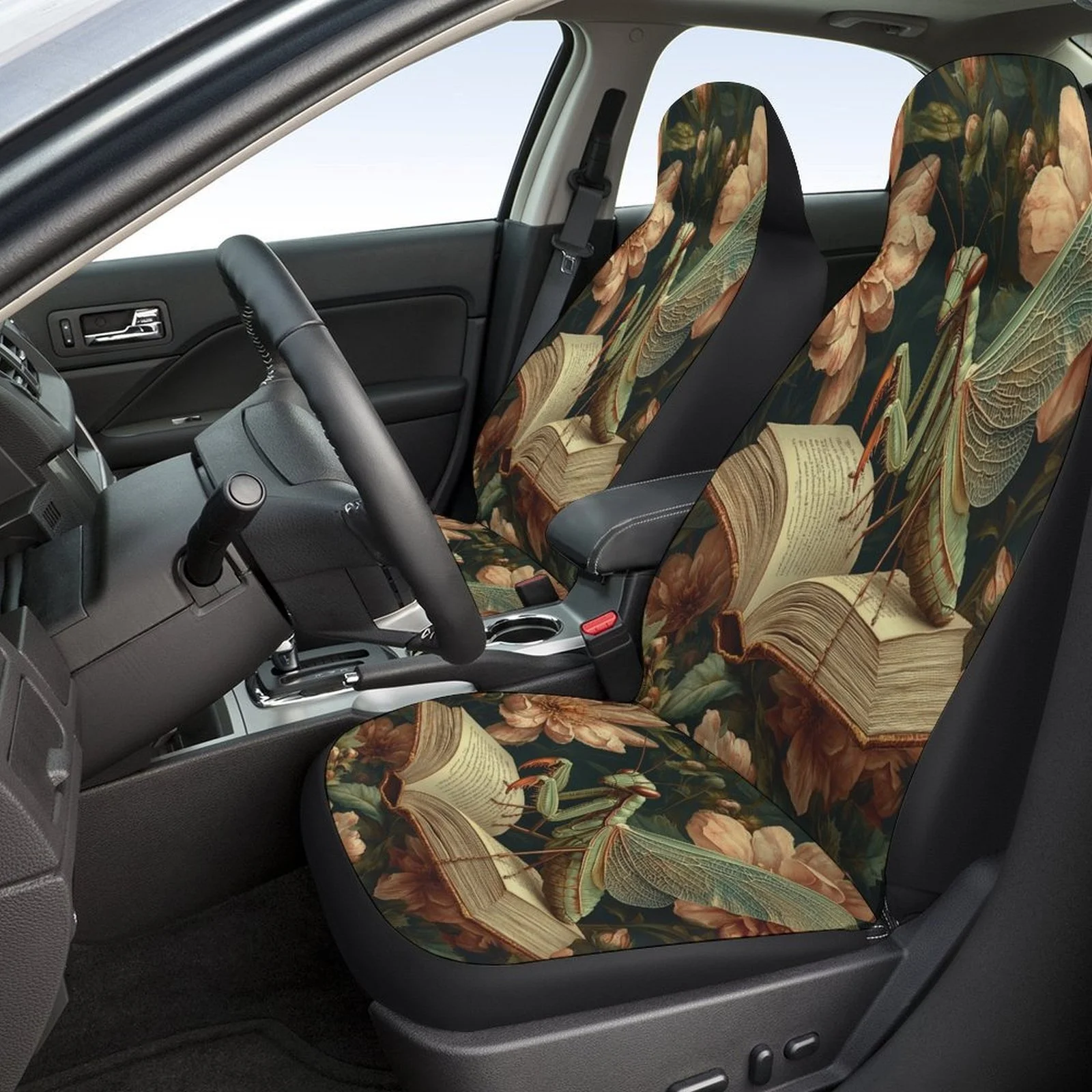 Praying Mantis & Book Themed Car Seat Cover Set - Trendy High-Quality Polyester Full Set For 2 Front & Rear Seats, Fashionable P