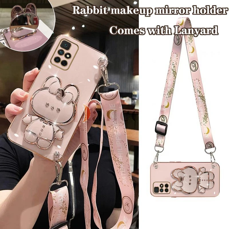 Crossbody Lanyard Plating Phone Rabbit Holder Case For Xiaomi Redmi 10 10A 10C 12 12C 9A 9 9T A1 Plus 8 8A Cover