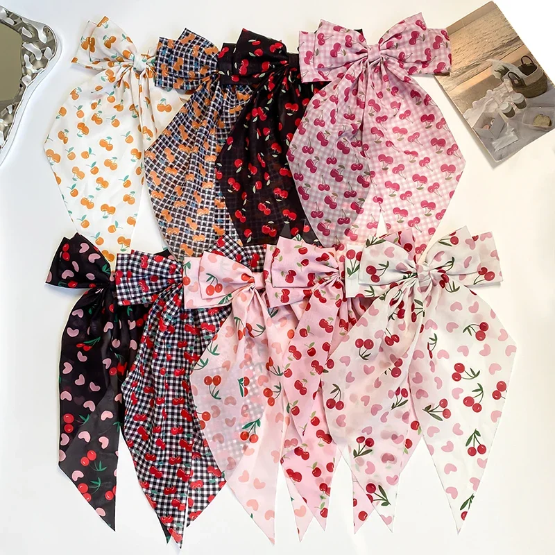 

New Bowknot Ribbon Red Cherry Hair Clips Women Chiffon Plaid Hairpin Barrette Bow Back Head Spring Clip Girl Hair Accessories