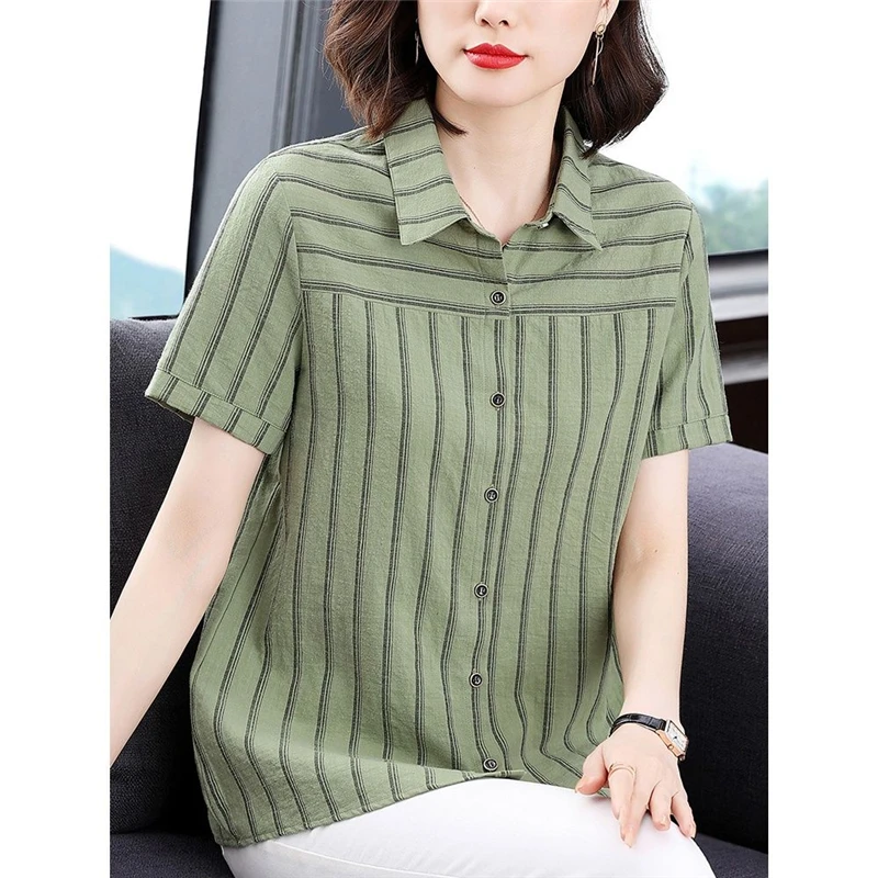 Elegant Korean Fashion Striped Print Cotton Button Up Shirts 2023 Summer Casual Simple Short Sleeve Loose Tops Blouses for Women