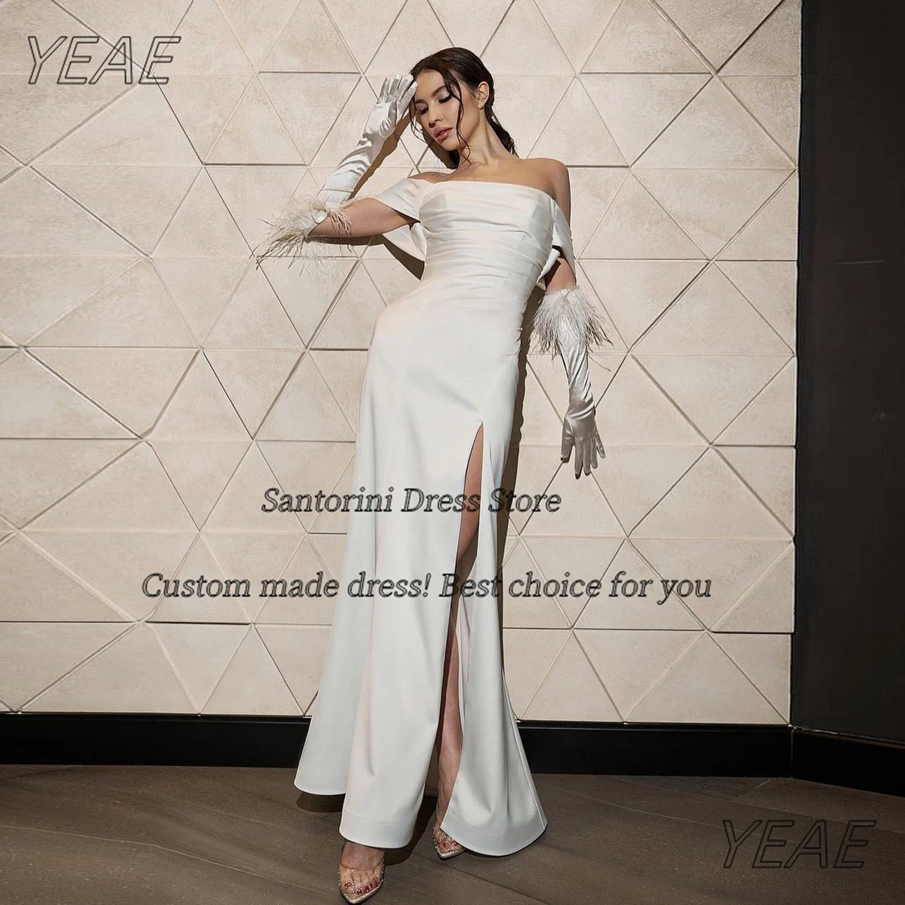 Santorini Customized Off Shoulder Prom Dresses High Side Slit Wedding Party Brides Wear Sexy Back Vestidos Des Evening Gowns