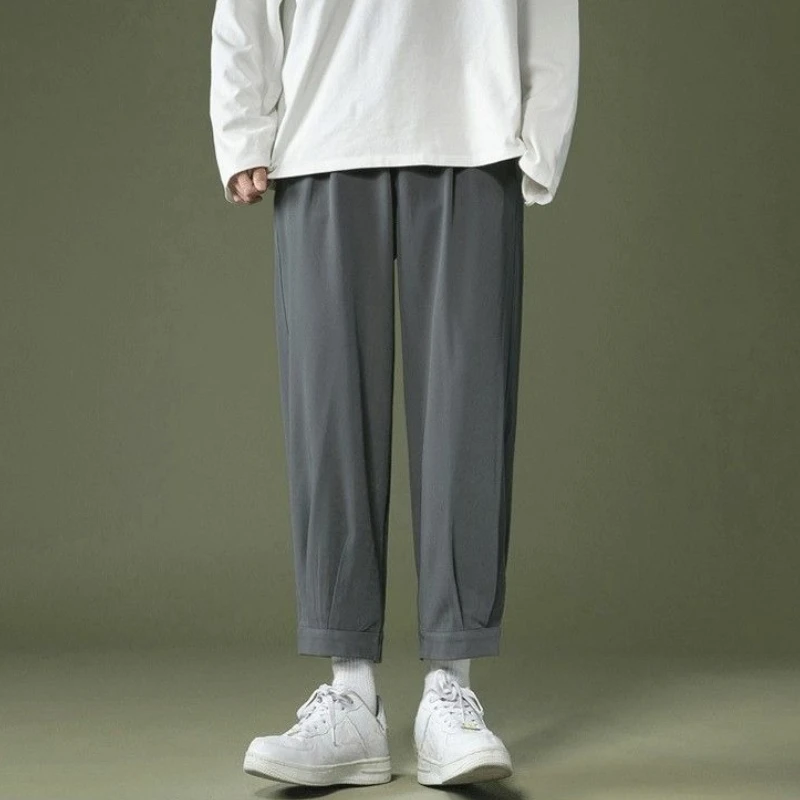 

Summer Loose Ice Silk Thin Cropped Trousers for Men Low Price High Quality Designer Aesthetic Vintage Casual Harem Pants Man