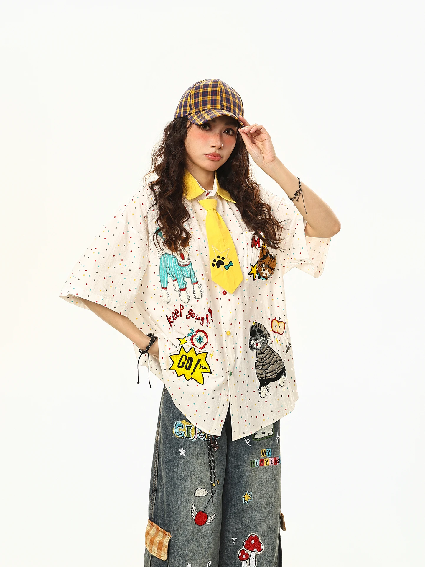 

Boeax American Retro Dog Embroidery Polka Dot ort Sve Women's Summer Loose irt Sweet Cool Top Breathable Casual Blouse