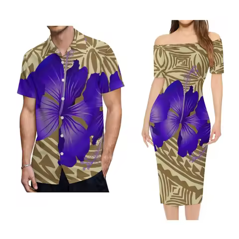 Hawaiian Floral Print Women'S Tight One-Shoulder Dress Polynesian Short-Sleeved Clothing Samoan Evening Dress And Men'S Shirt