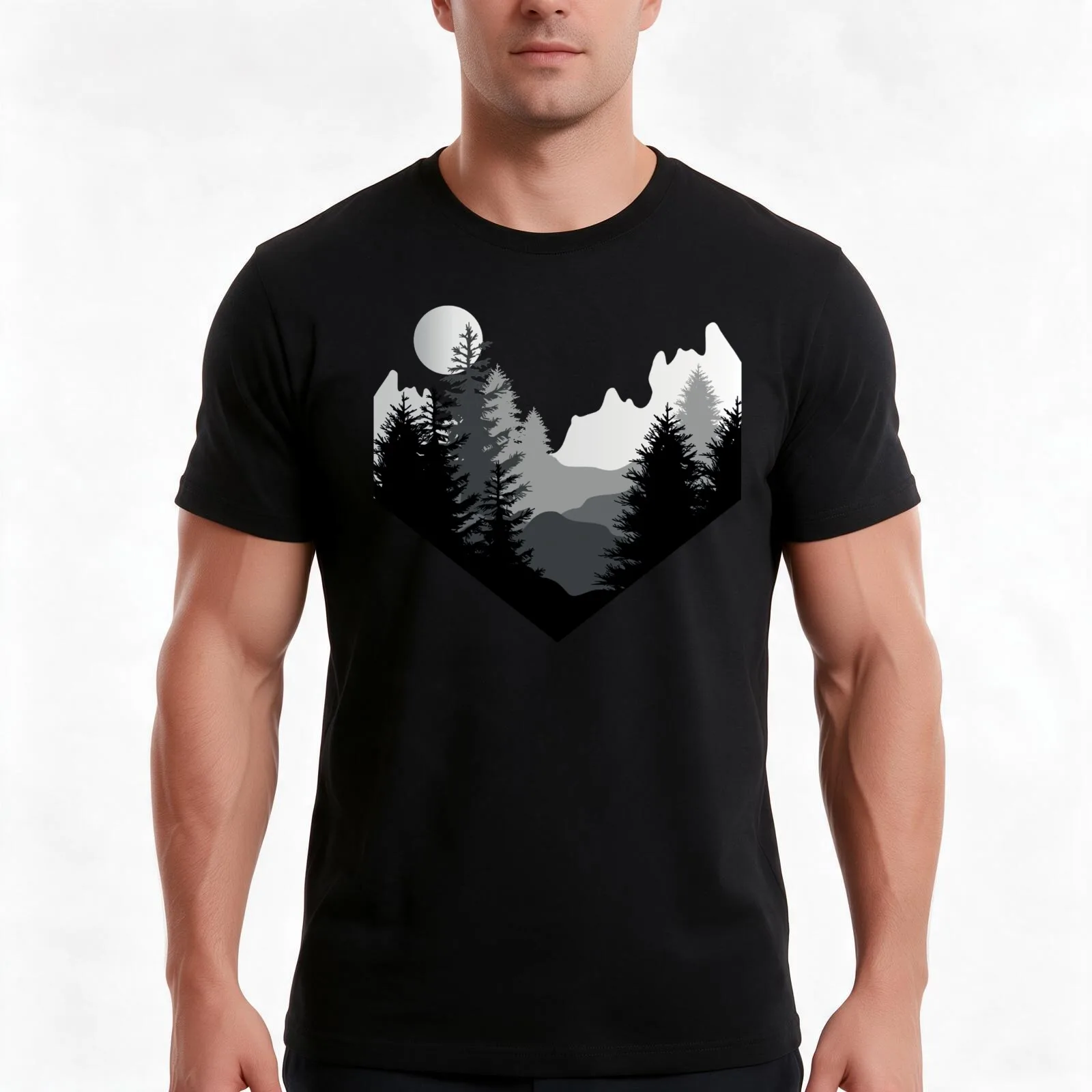 PNW Forest - Polygon - Geometrical Design - Black and White T-Shirt, Summer Casual Cotton Tee, Oversized Streetwear Tops