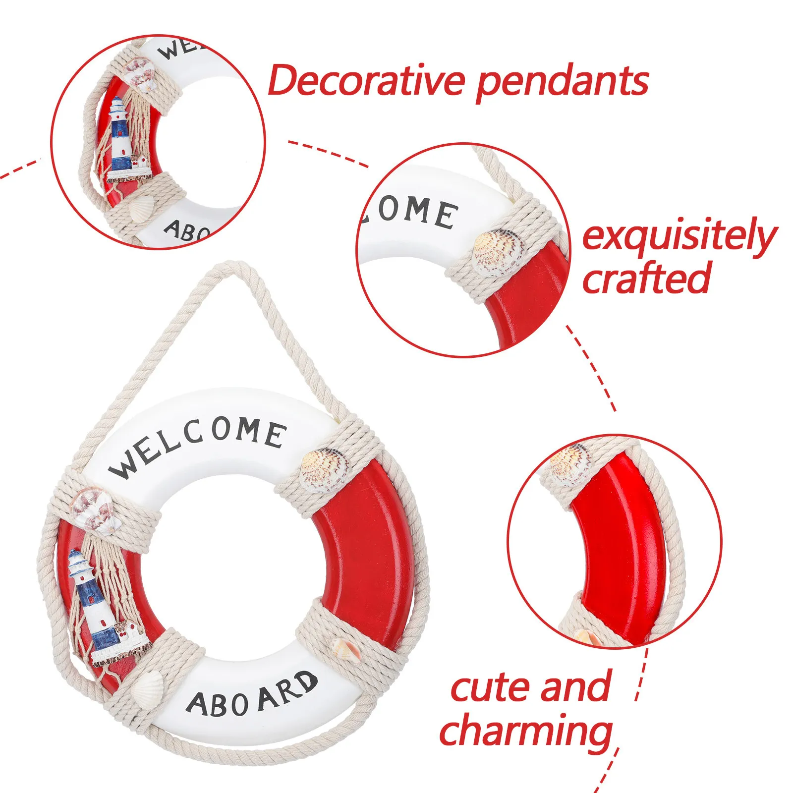 1Pcs Wooden Life Buoy Decorative Life Ring Hanging Ornament Marine Style Wall Pendant Door Ornament Home Decor Shop Window