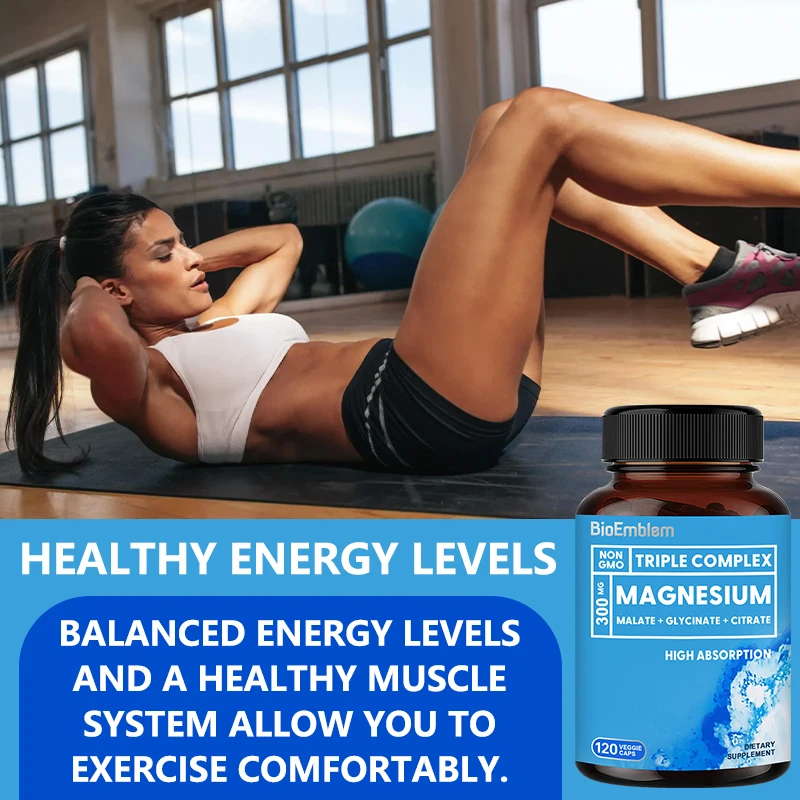 Triple Magnesium Complex - 300mg Magnesium Glycinate, Malate & Citrate for Muscle, Nerve & Energy, Highly Absorbable, Vegetarian