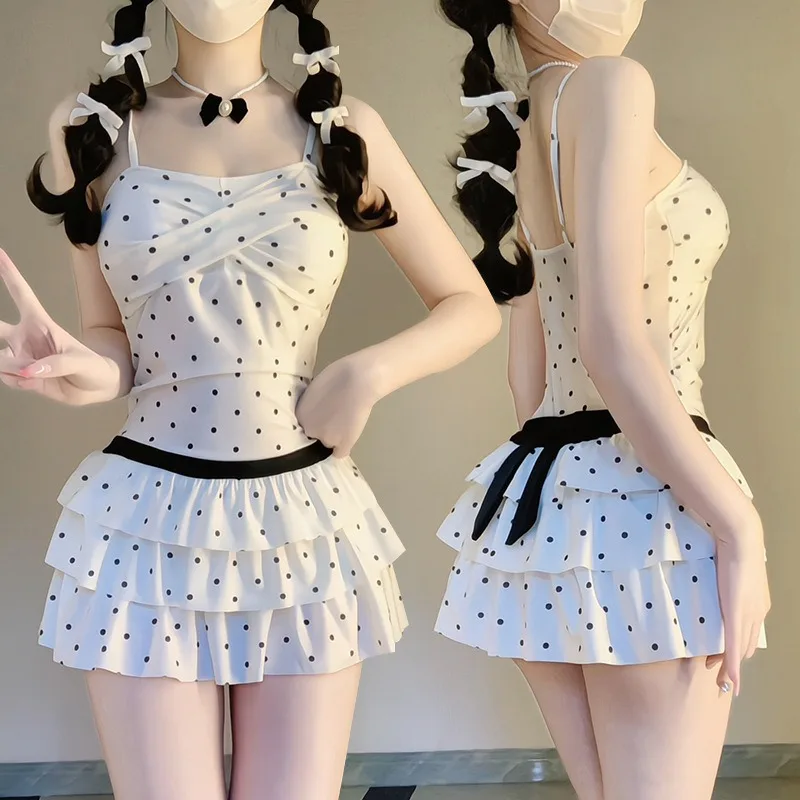Sweet Polka Dot Spaghetti Strap Piece Swimsuit with Tiered Ruffle Skirt Bow Accent Modest Swimwear for Beach Pool Vacation - Image 2