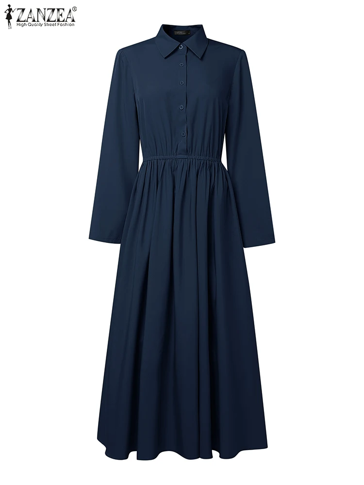 ZANZEA فساتين قميص طويلة أنيقة للنساء لخريف 2025 بأكمام طويلة ماكسي فيستدوس موضة طية صدر السترة مطوي رداء حفلات مكتب سيدة فام