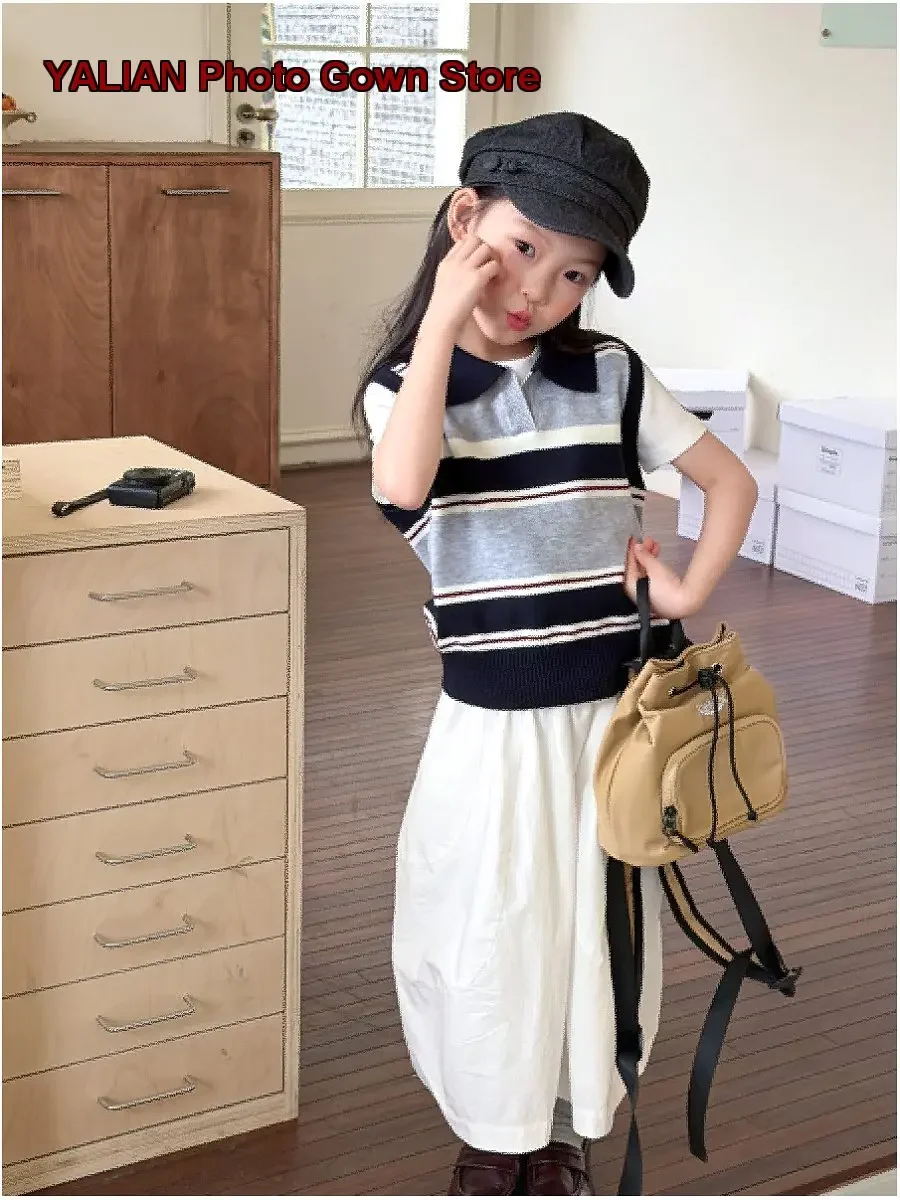 Girls Knit Vest Infant Spring Summer Round Neck Striped Collar Ribbed Soft Wool Kids