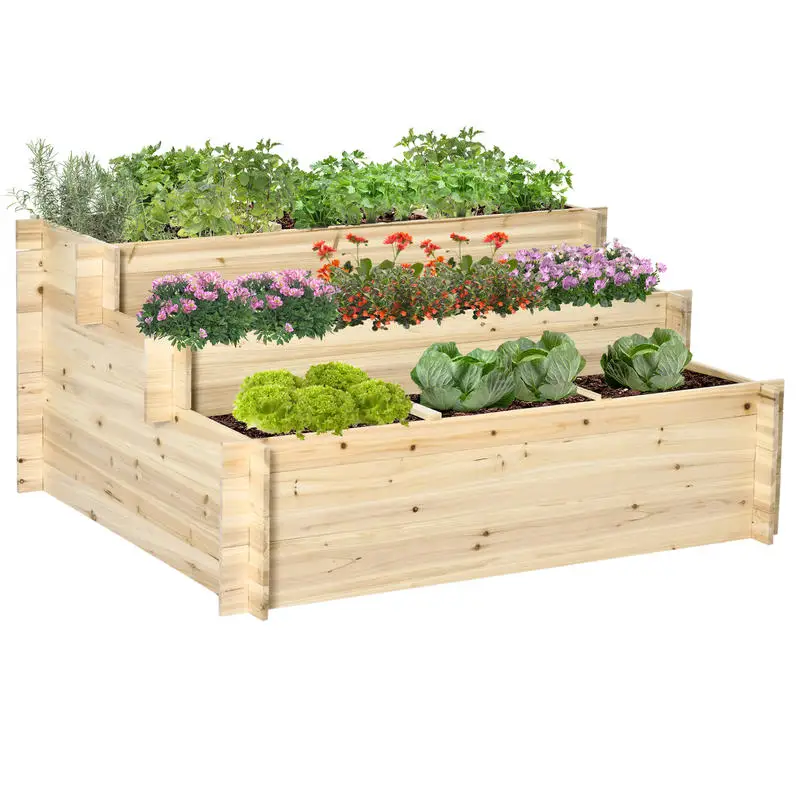 Jardinière sur pieds à 3 niveaux carrée pour potager de jardin avec 9 compartiments en bois de sapin et tissu non tissé