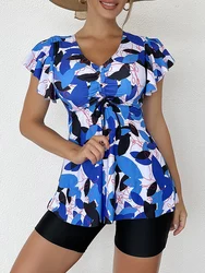 2026 Printed Tankini Set Two Piece Swimsuit Women Tie Front Drawstring Swimwear Female Bathing Swimming Suit Beachwear Summer