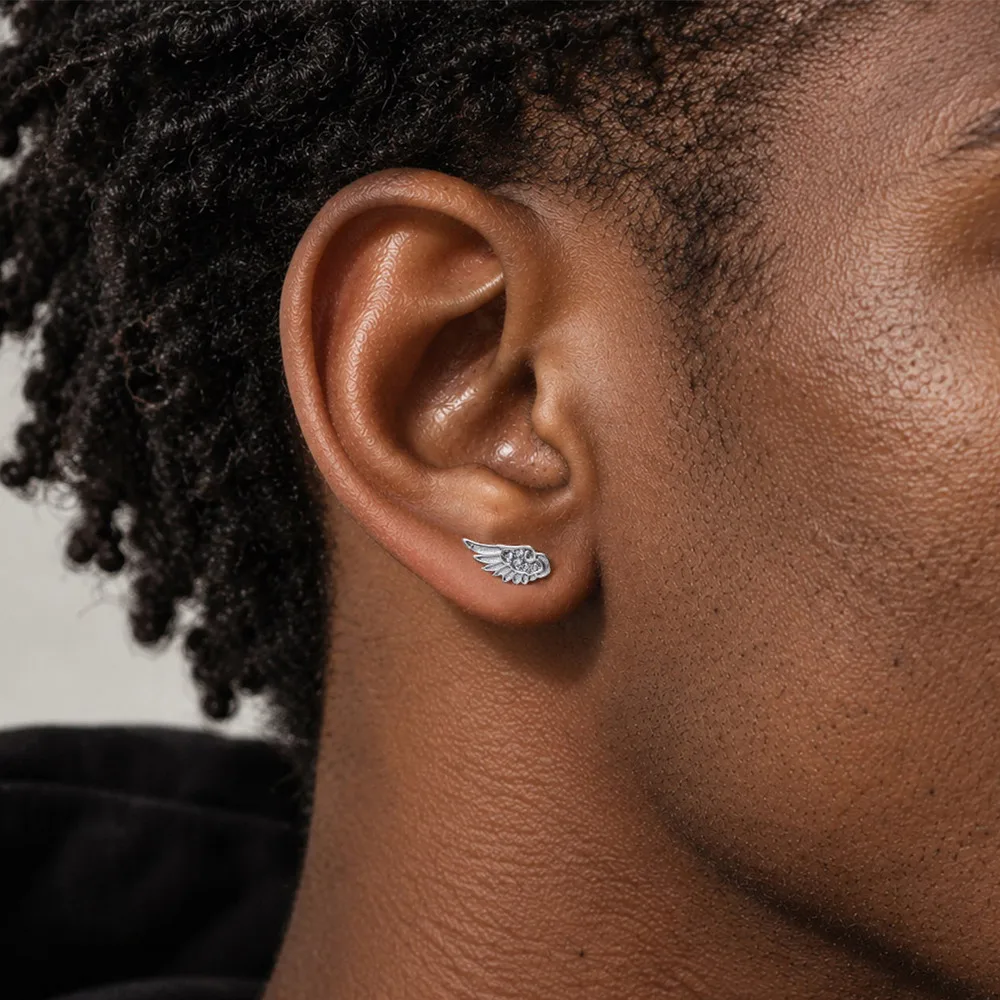 Mens Wing Stud Earrings,Stainless Steel Crystal Zircon Feather Wing Pierced Earrings,Gothic Punk Biker Earrings Jewelry