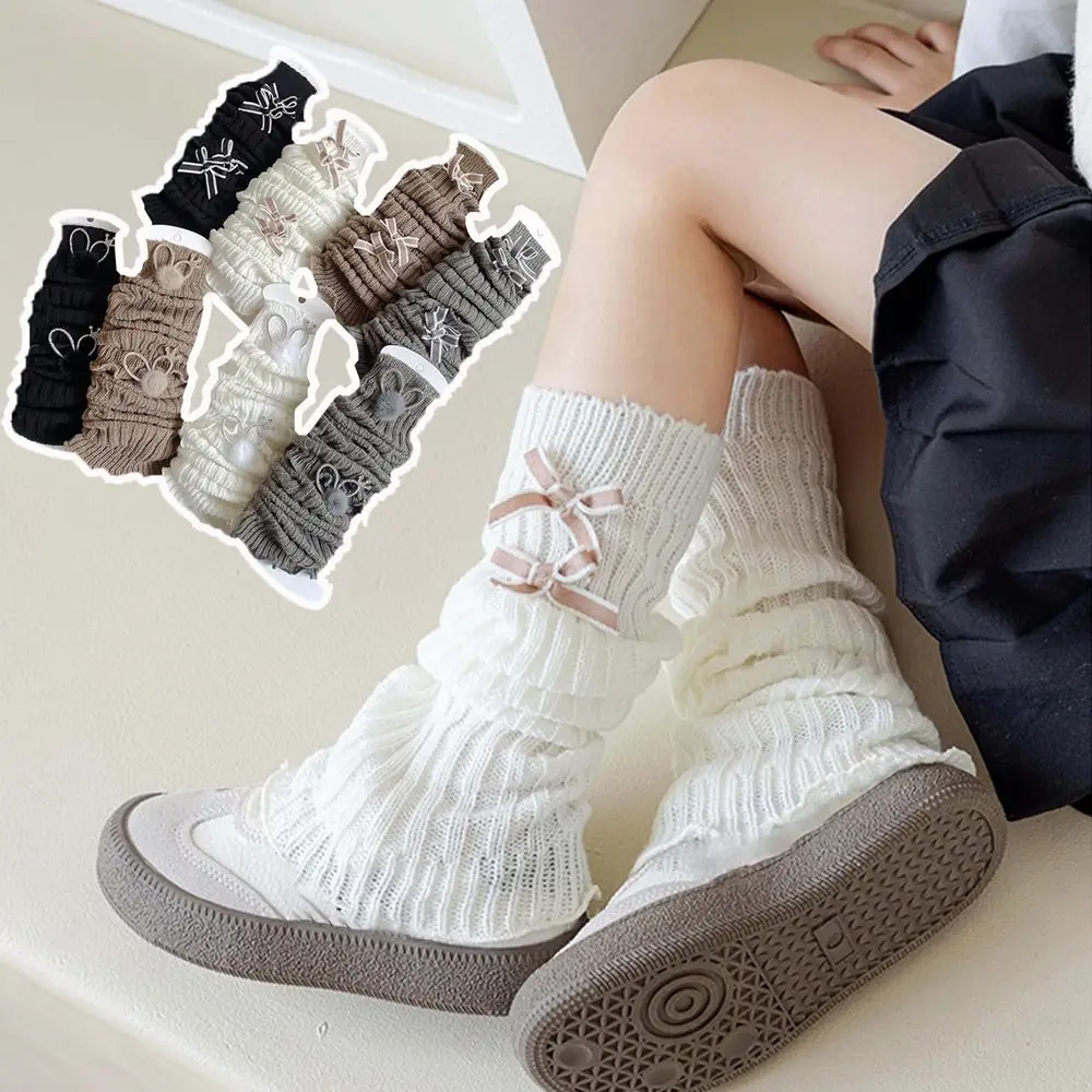 Sweet Soft Cotton Knitted Socks Solid Color Bow Calf Sock Long Stockings 3-12 Year Children