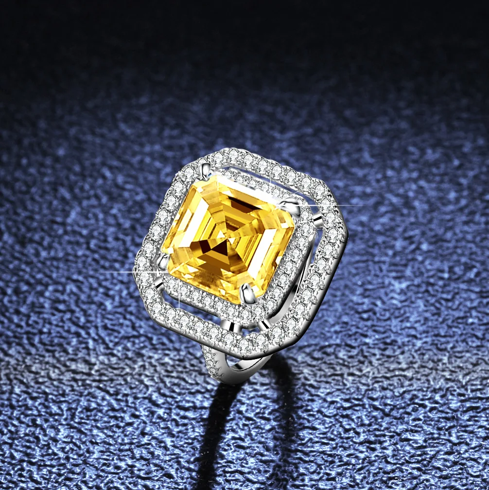 

5-carat 18K gold moissanite ring for women, shaped emerald green yellow diamond pagoda square Platinum PT950 accessory