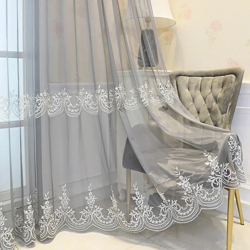 Modern Simple Luxury Gray Beaded Embroidered Window Screen Translucent Gauze Curtains for Living Dining Room Bedroom Custom