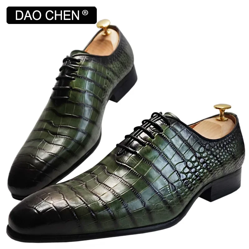 LUXURY MEN OXFORD SHOES GREEN BLACK CROCODILE PRINT SHOES LACE UP CASUAL MEN DRESS SHOE OFFICE WEDDING LEATHER MEN SHOES