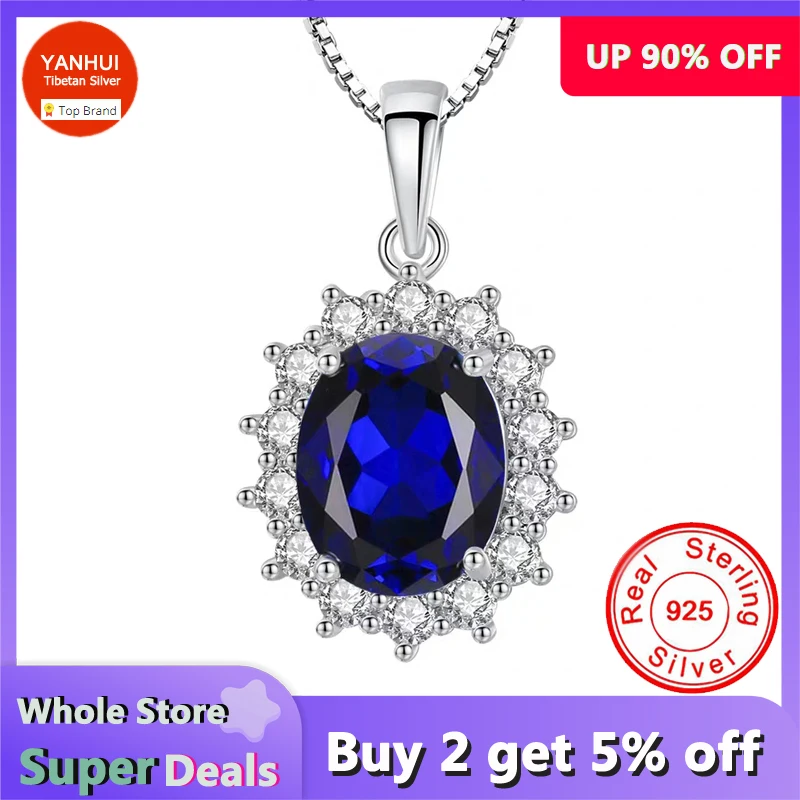 YANHUI Elegant Luxury Lab Sapphire Pendant Necklace Women Allergy Free 925 Sterling Silver Wedding Jewelry Charms Necklace