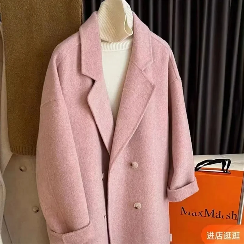 Płaszcz Jesień Zima 2025 Elegancki Skromny Jednolity Kolor Dwurzędowy Długi Rękaw Kołnierz Długi Płaszcz Biurowy Damski