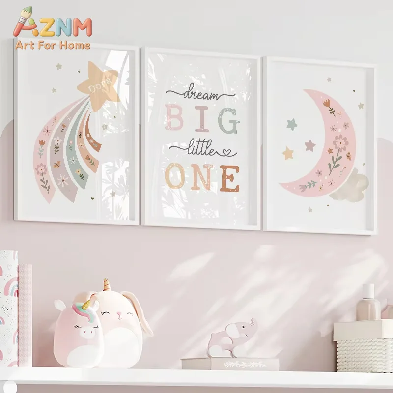 Rainbow Stars Moon Flowers Big Dreams Cartoon Wall Art Canvas Painting Nordic Posters And Prints Pictures Girl Kids Room Decor