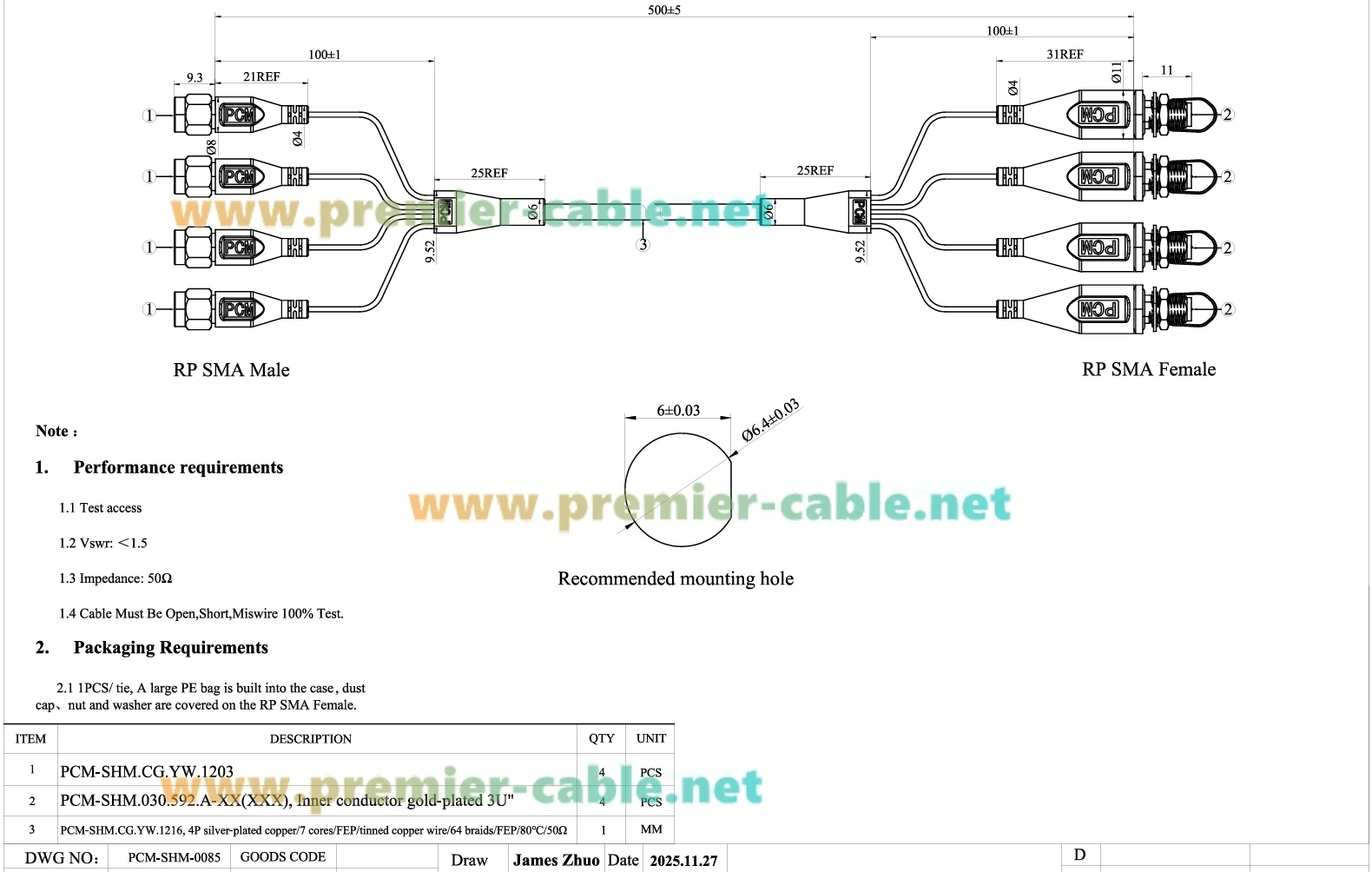 4-in-1 RP-SMA Stecker auf Buchse Schottkabel 50 Ohm Verlustarmes HF-Koaxial-Verlängerungskabel 4x4 MIMO für Antenne, WLAN-Router, GPS – Detail 1