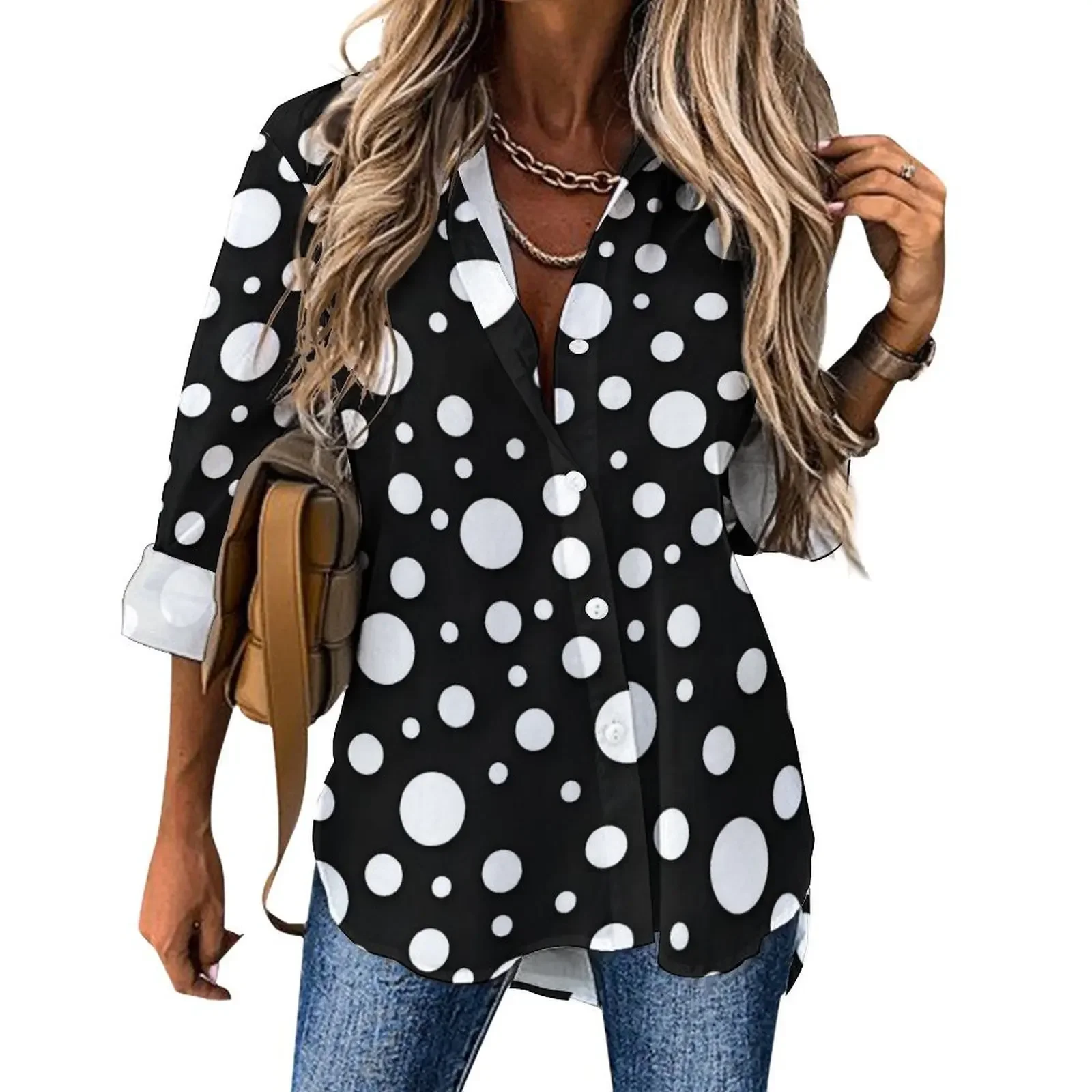

Женская рубашка с принтом в горошек, модная новая весенне-осенняя повседневная элегантная рубашка с длинными рукавами и лацканами, уличный стиль, персонализированная рубашка