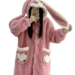 Pink Long-eared Rabbit Cosplay Animal Pajamas Winter Flannel Hooded Nightgown Cartoon Cute Nightdress Warm Plush Sleepwear Robes
