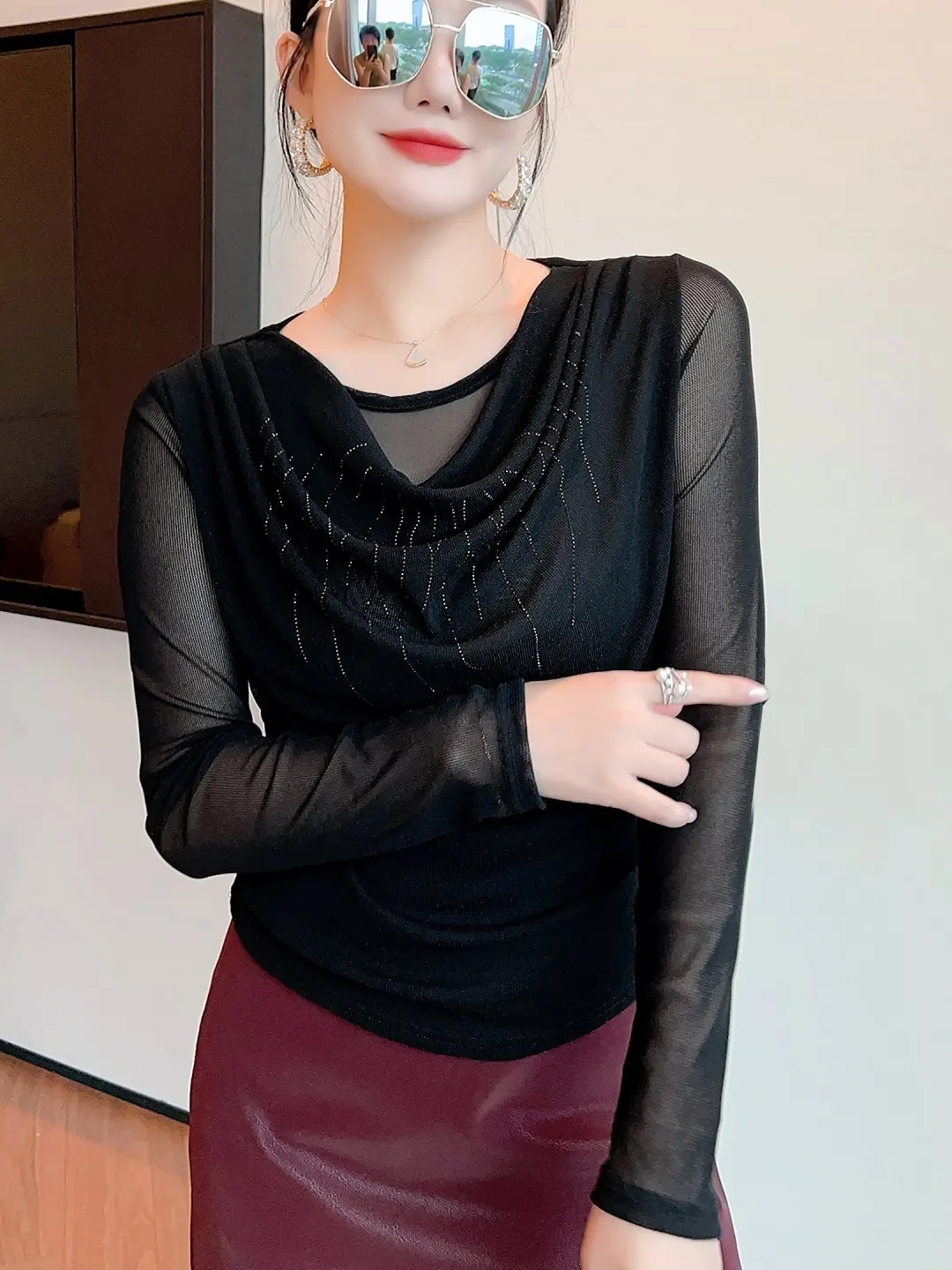 Elegant Long Sleeve T-Shirt Women's Mesh Ruffle Collar Base Shirt Slimming Trendy Autumn 2026 New High-End Feeling Drill Top