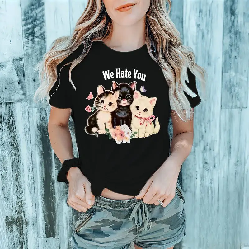 

We Hate You Cat Graphic Tee – Funny Vintage Kitten Aesthetic Shirt Soft Washed Oversized Unisex T-Shirt