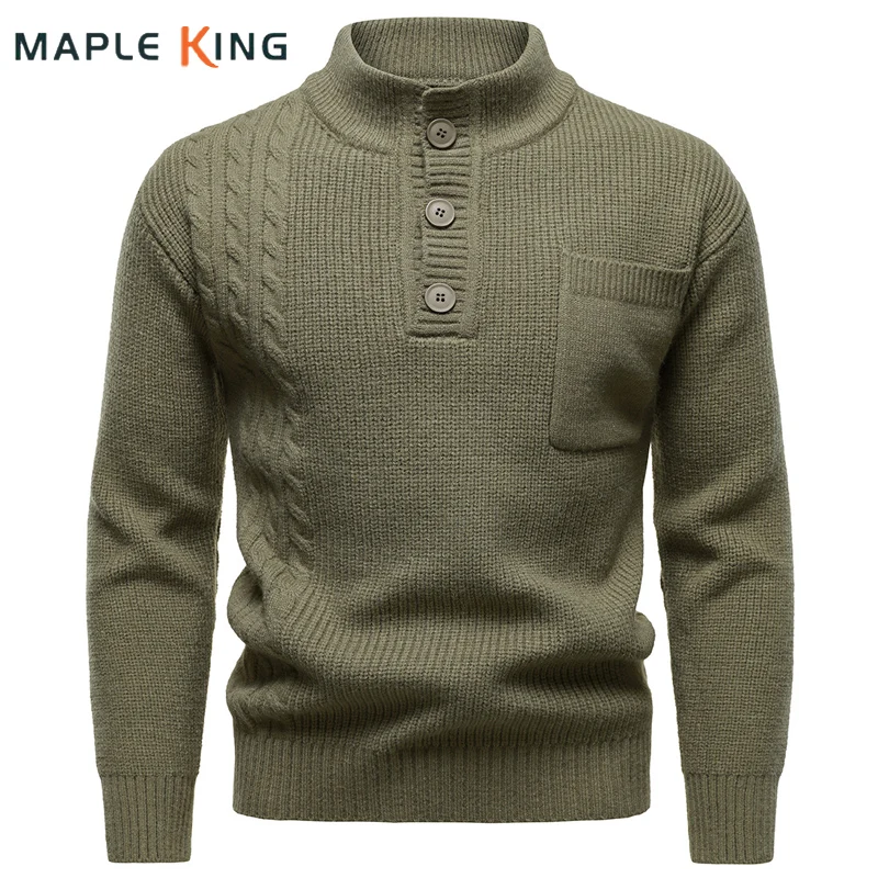 

Mock Neck Fall Sweaters for Men Jerseys Hombre 4XL British Style Warm Herren Pullover Pocket Button Designer Man Knitted Sweater