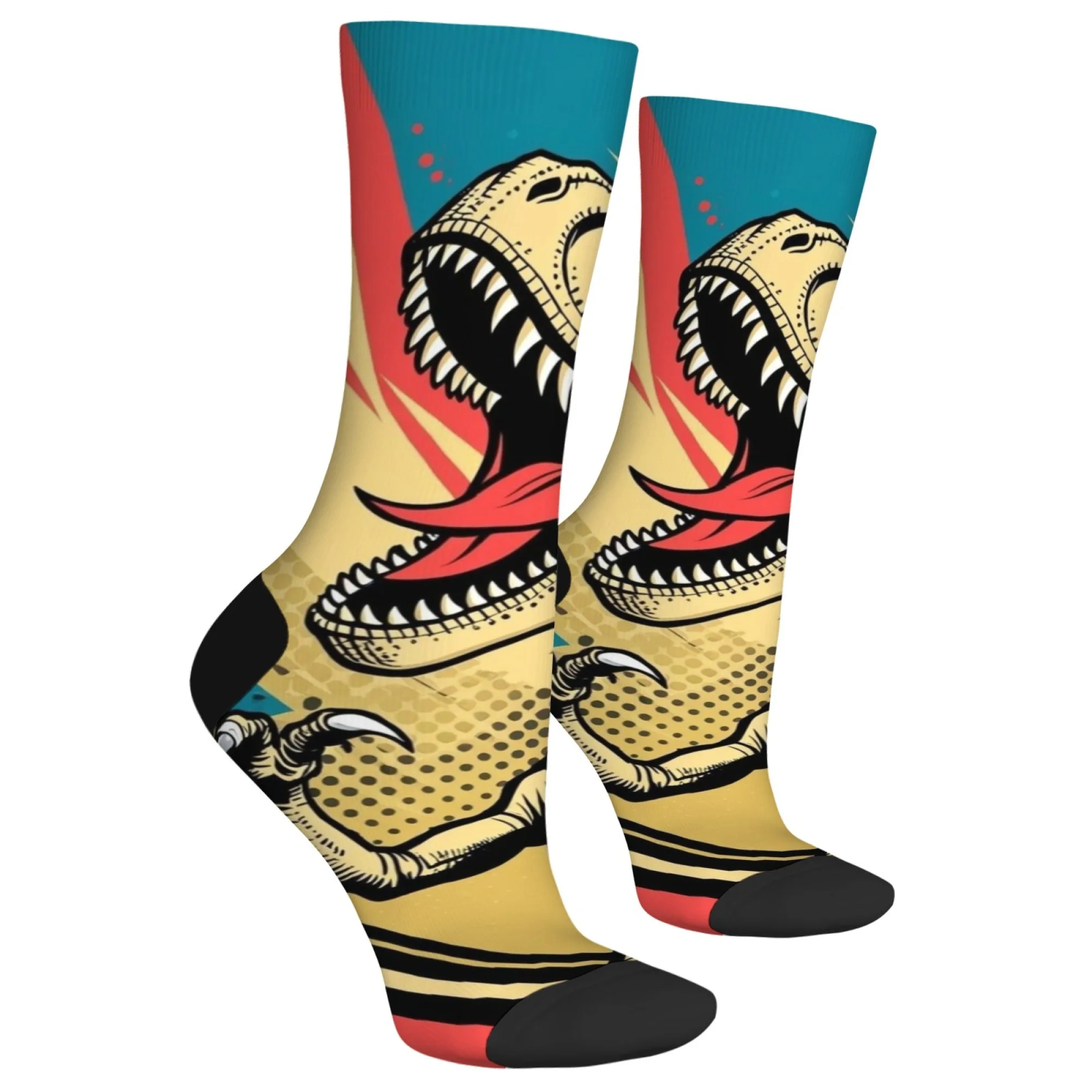 Kolorowe, stylizowane skarpetki z dinozaurem T-rexem, skarpetki załogowe w stylu retro komiksowym, nowatorskie, zabawne skarpetki w stylu vintage streetwear.