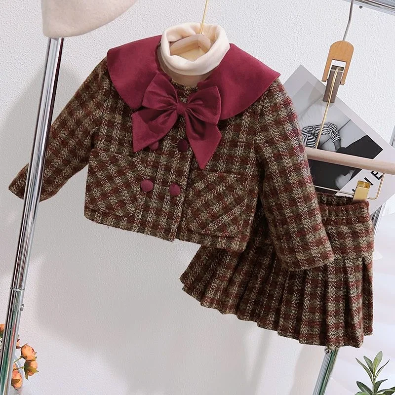 Fashion Girl Elegant Plaid Clothes Set giacca + gonna 2 pezzi bambino bambino primavera autunno festa di compleanno scuola vestiti per bambini