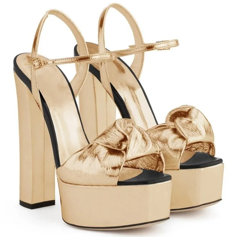 

Gold Butterfly-knot Platform Sandals Heels Ankle Strap Peep toe Cuts-out Thick High Heel Sandals Size 10 Sandals Women Summer