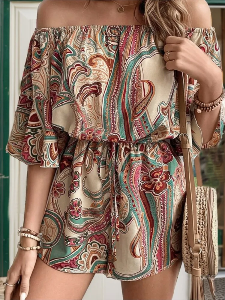 

Fashion Casual New Holiday Printed Jumpsuit 2025 Summer One Neck Seaside Off Shoulder Jumpsuit Sexy Elegant Womens Clothing