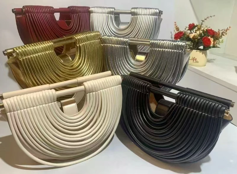 

Handbags for Women 2025 New Gold Luxury Designer Brand Handwoven Noodle Bags Rope Knotted Pulled Half Moon Silver Evening Clutch