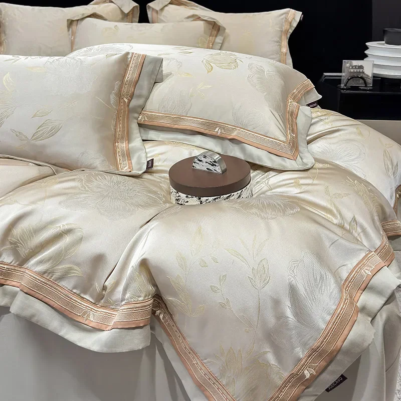 Luxury Flowers Jacquard Lyocell Cotton Patchwork Soft Silky Bedding Set Duvet Cover Set Bed Sheet/Fitted Sheet Pillowcases 4Pcs