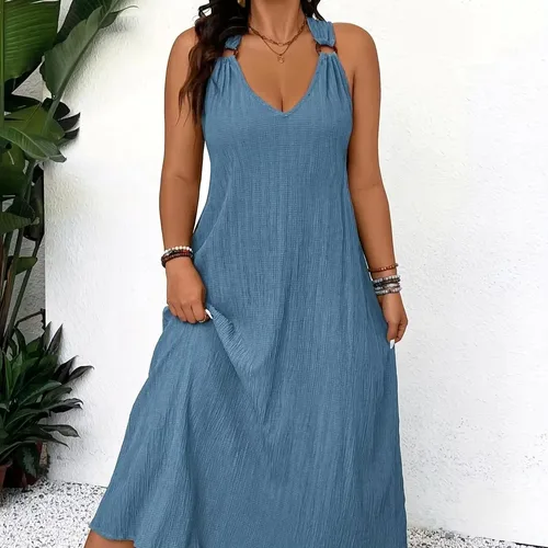 2025 Recién llegado: elegante vestido azul sin mangas con cuello en V y detalle de anillo, tela elástica liviana, perfecto para primavera/verano,