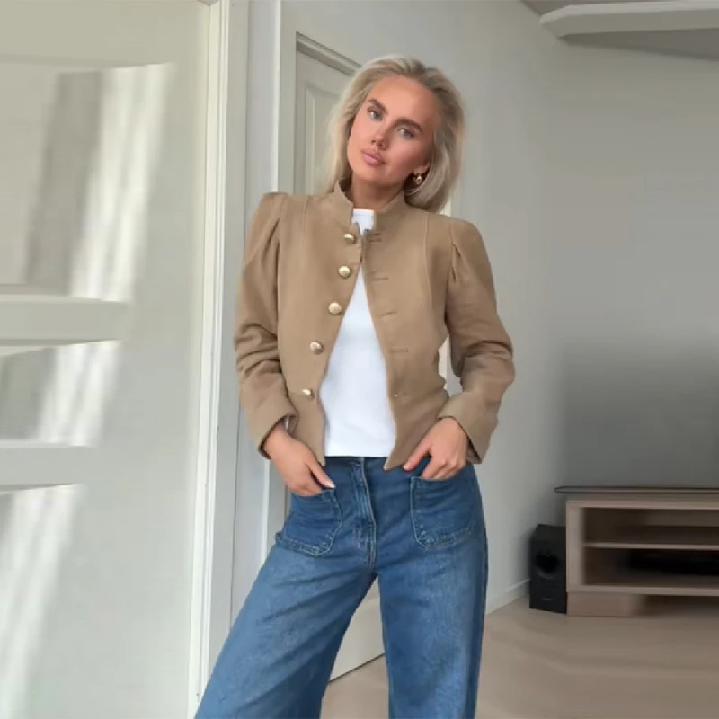 

Stylish Short Jacket Commuting Stand Collar Buckle Fashion Women's Outerwear Versatile Retro Autumn Casual Female Street Wear