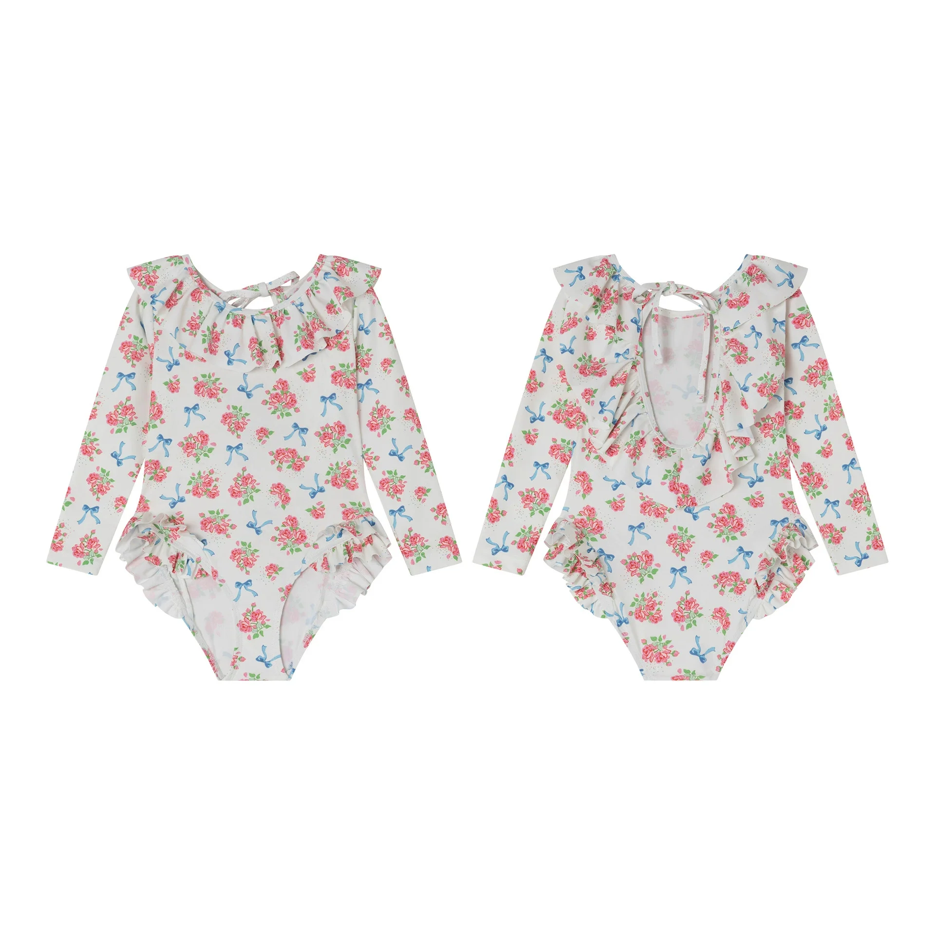 New Summer Baby Girls Long Sleeve Swimwear Ruffles Backless One-piece Vacation Beach Children Printed Swimsuits