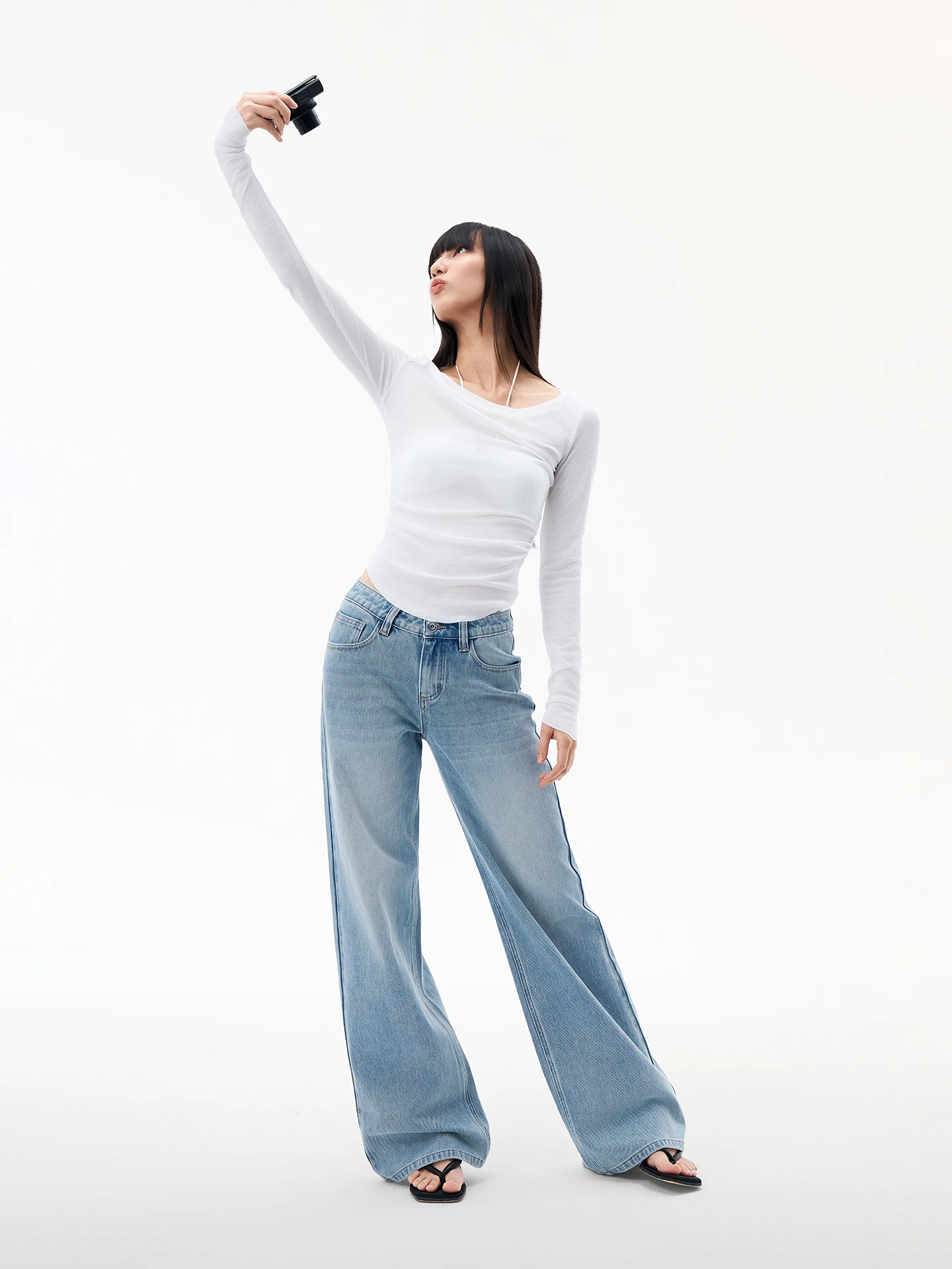 

DUSKLIT Low Waist Blue Jeans Women's Straight Leg Wide Leg Pants Four Sides Elastici Waed Denim Pants Winter Season
