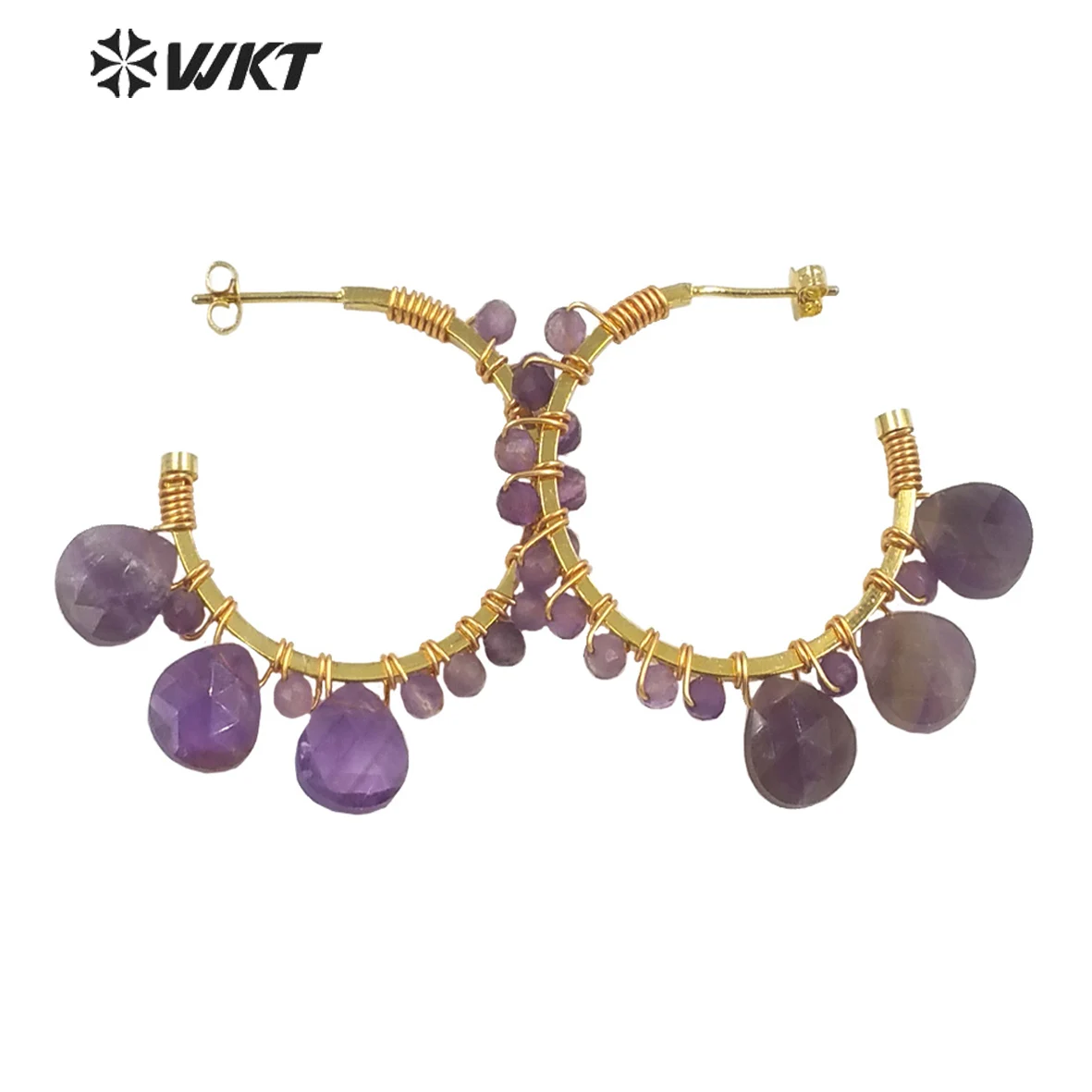WT-E694 new attractive gold plated C shape wire wrapped stone earrings Attractive teardrop stone crescent moon earrings