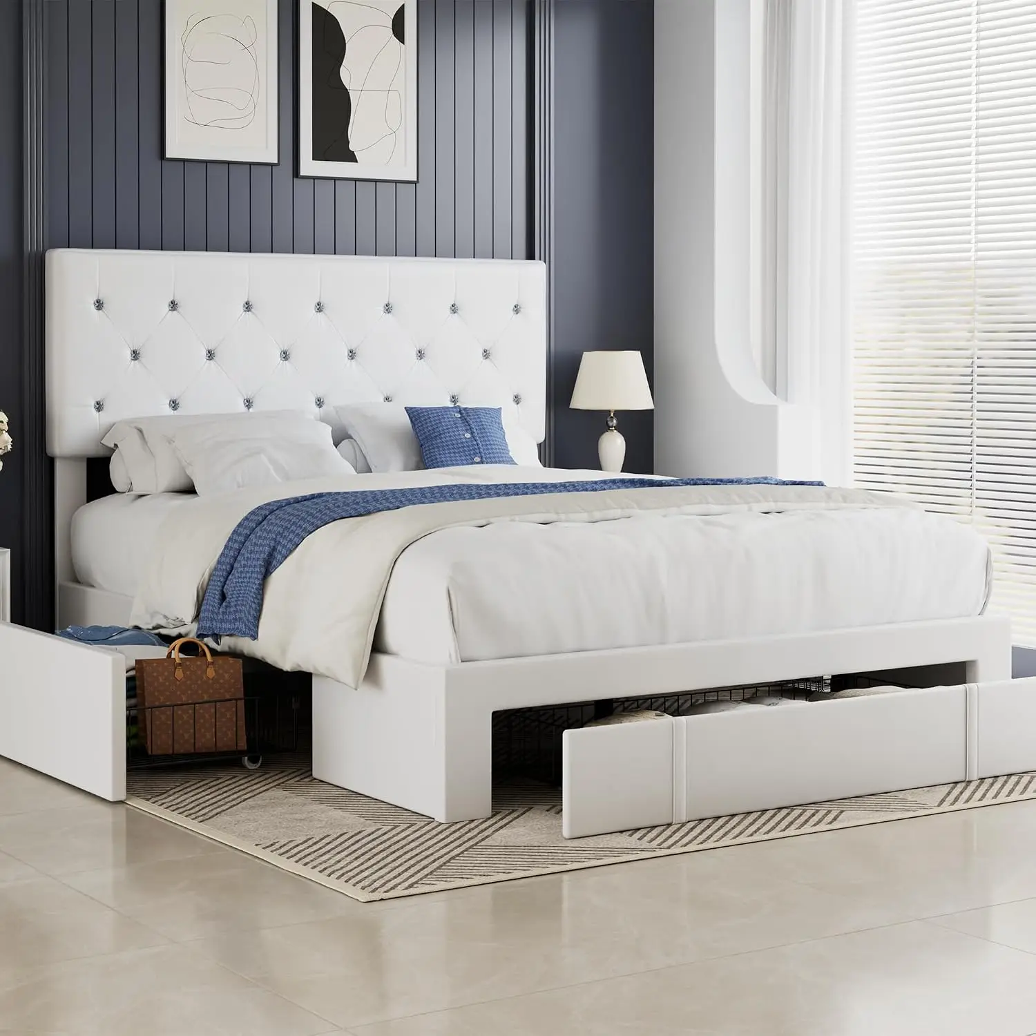 PU Leather Twin Bed Frame with Storage Drawers & Tufted Headboard, Wood Slat Support No Box Spring, Customized